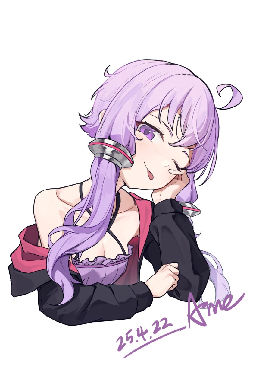 1girl, ahoge, amely_elden, black_jacket, breasts, cleavage, closed_mouth, cropped_torso, dated, dress, hair_tubes, head_rest, highres, jacket, long_hair, long_sleeves, looking_at_viewer, off_shoulder, one_eye_closed, purple_dress, purple_eyes, purple_hair, sidelocks, signature, simple_background, single_bare_shoulder, sleeveless, sleeveless_dress, small_breasts, solo, tongue, tongue_out, upper_body, vocaloid, white_background, yuzuki_yukari