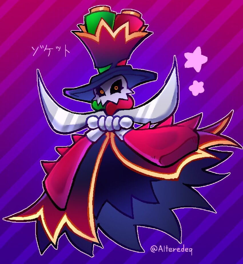 alteredeq, black_sclera, colored_sclera, diagonal-striped_background, full_body, gradient_background, hat, highres