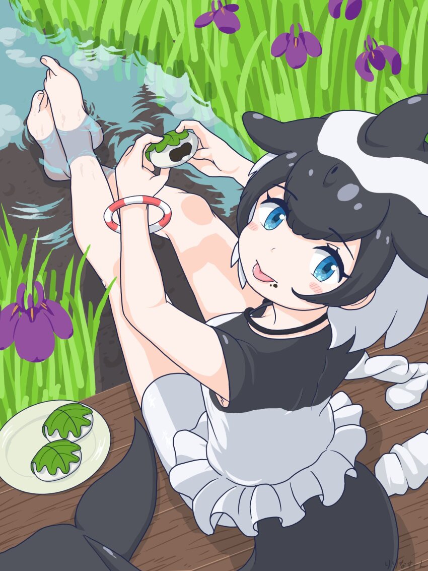 1girl, :p, barefoot, black_one-piece_swimsuit, blowhole, blue_eyes, blush, bracelet, cetacean_tail, commerson's_dolphin_(kemono_friends), crumbs, dolphin_girl, dorsal_fin, fins, fish_tail, food, frilled_one-piece_swimsuit, frills, from_above, hair_between_eyes, head_fins, highres, jewelry, kemono_friends, looking_at_viewer, looking_back, looking_up, multicolored_hair, one-piece_swimsuit, reeds, ririnasoon, short_hair, sidelocks, soaking_feet, solo, swimsuit, tail, toes, tongue, tongue_out, two-tone_hair, two-tone_one-piece_swimsuit, white_one-piece_swimsuit