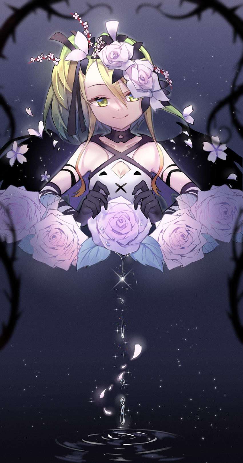 1girl, blonde_hair, breasts, commentary_request, deathpolca, demons_roots, dress, flower