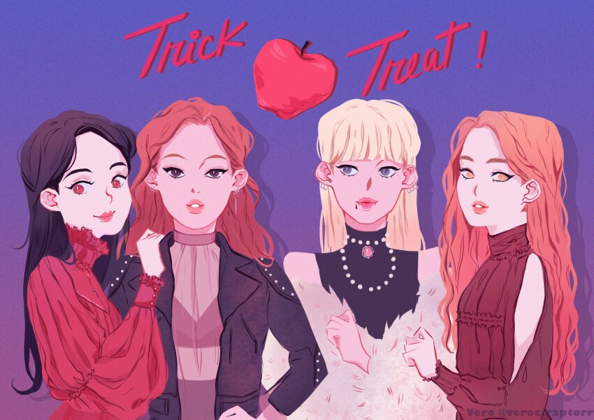 4girls, apple, black_hair, black_jacket, blackpink, blonde_hair, blunt_bangs, brown_hair