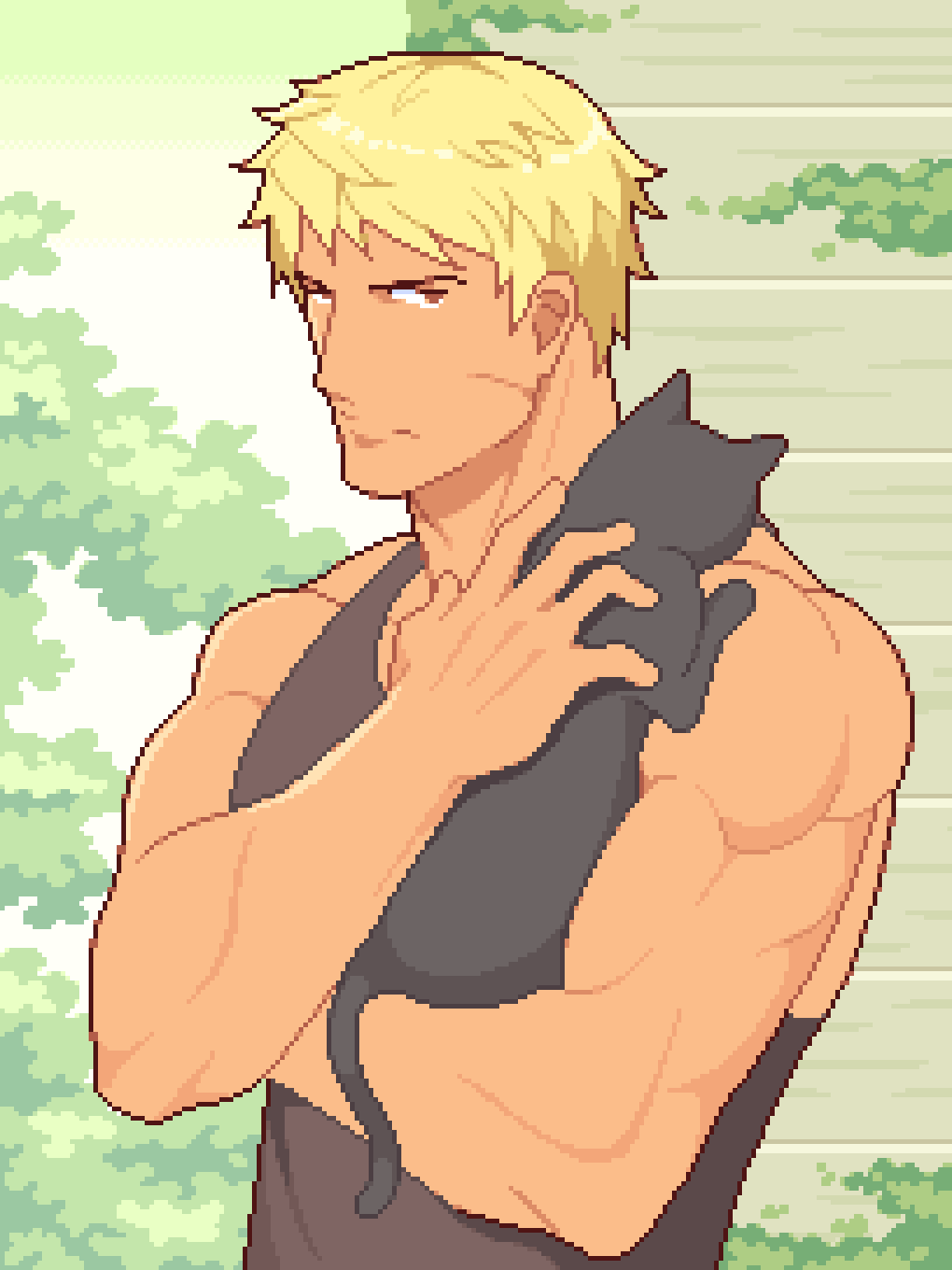 1boy, animal, black_cat, blonde_hair, brown_eyes, cat, catnipsmoker_(hakino), commentary