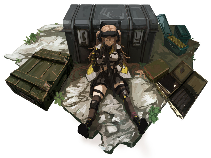1010kman, 1girl, ammunition_box, black_gloves, black_ribbon, black_socks, black_thighhighs, boots