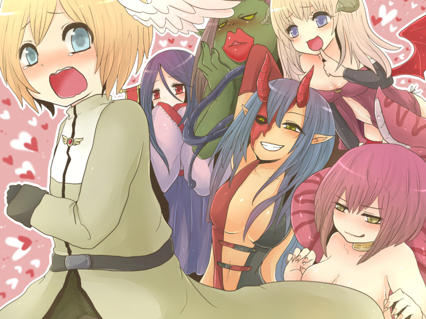 1boy, 5girls, :d, :q, acolyte_(ragnarok_online), age_difference, ajie_(sura-kun), black_gloves