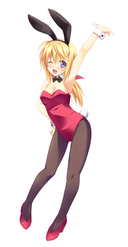 10s, 1girl, ;d, animal_ears, arm_up, blonde_hair, charlotte_dunois, fake_animal_ears, female_focus, hitoguchi_(hioxhio), infinite_stratos, long_hair, one_eye_closed, open_mouth, pantyhose, playboy_bunny, purple_eyes, rabbit_ears, smile, solo, wink, wrist_cuffs