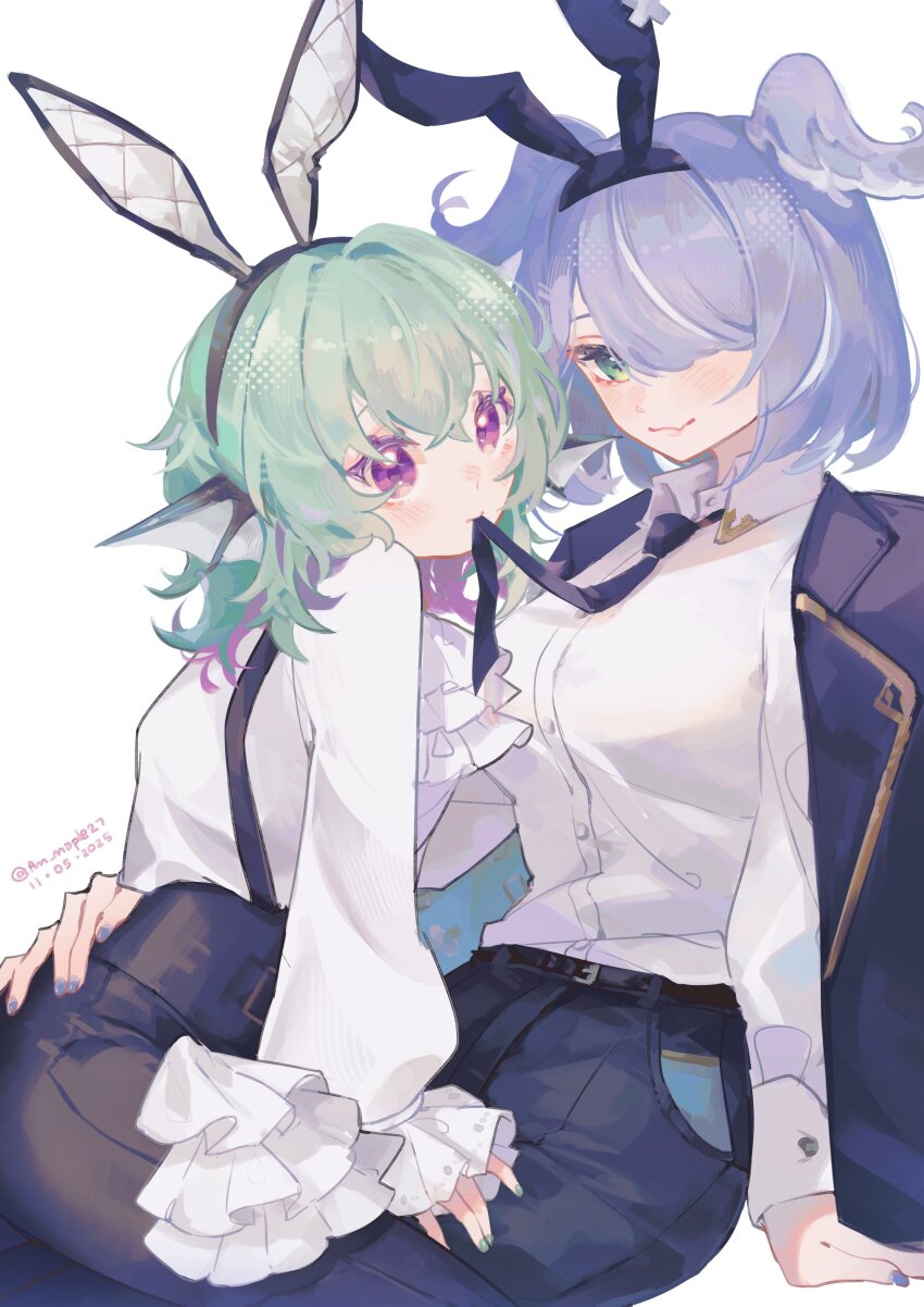 2girls, absurdres, am_(maple27), animal_ears, aqua_hair, ascot, blue_eyes, blue_wings