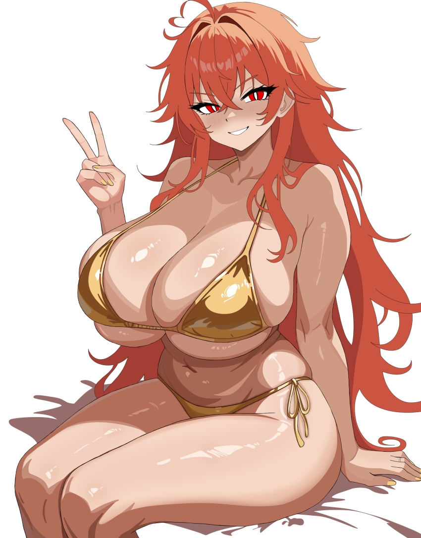 1girl, absurdres, ahoge, alternate_costume, ass, bikini, breasts, cleavage, collarbone, commentary, cowboy_shot, english_commentary, goddess_of_victory:_nikke, gold_bikini, hair_between_eyes, hand_up, highres, huge_breasts, jewelry, long_hair, looking_at_viewer, messy_hair, naggarron, nail_polish, navel, nihilister_(nikke), no_armor, red_eyes, red_hair, ring, side-tie_bikini_bottom, simple_background, sitting, slit_pupils, smile, solo, swimsuit, v, very_long_hair, white_background, yellow_nails