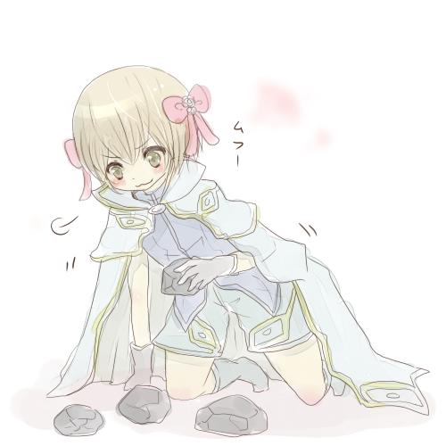 1boy, :3, ajie_(sura-kun), blonde_hair, blush, bow, cape, closed_mouth
