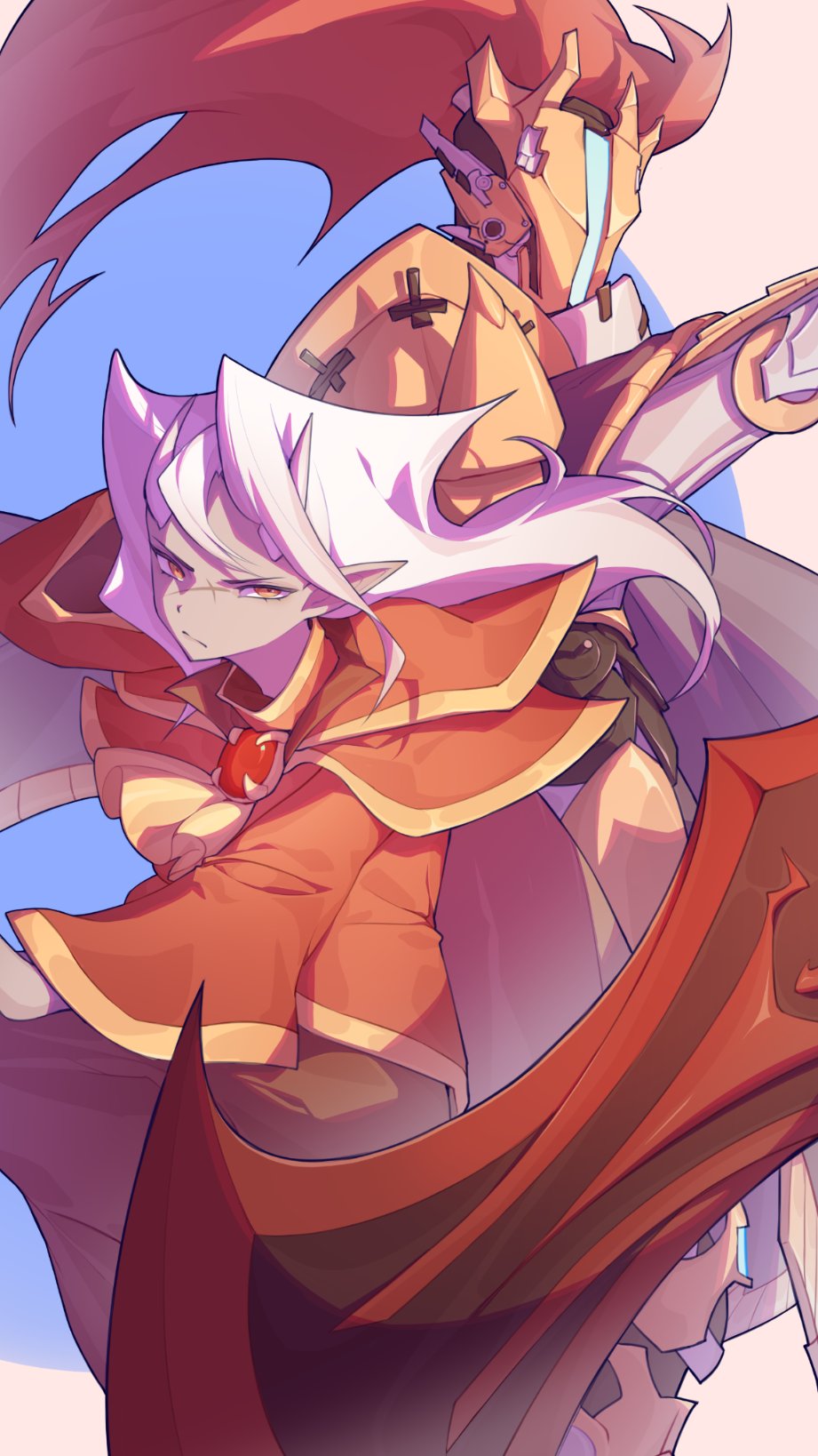 1boy, 1girl, armor, bilibilijnylgj, calamitas, calamity_(terraria_mod), closed_mouth, colored_skin