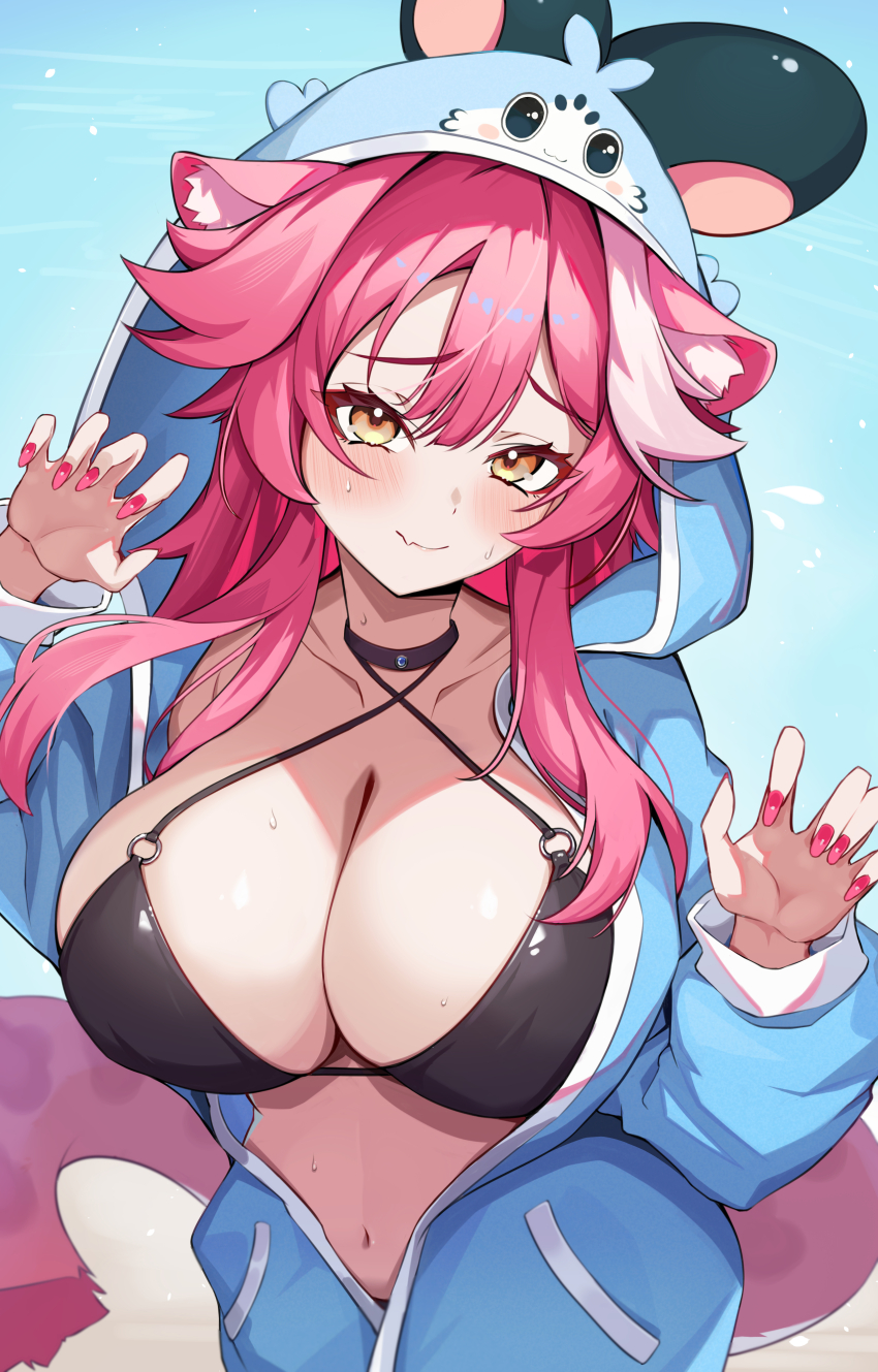 1girl, absurdres, animal_ears, bikini, black_bikini, black_choker, blue_background, blue_hoodie