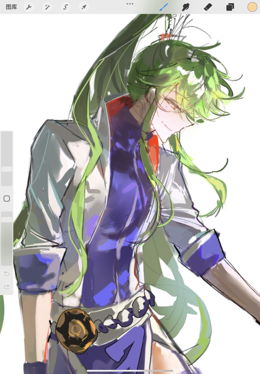 1boy, art_program_in_frame, blue_shirt, closed_mouth, commentary, cowboy_shot, dongfang_wuqiong, green_hair