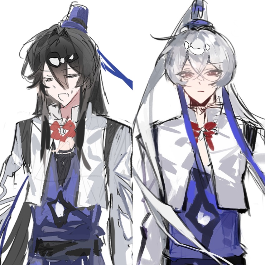 2boys, absurdres, black_hair, blue_hat, blue_shirt, chinese_commentary, closed_eyes, closed_mouth