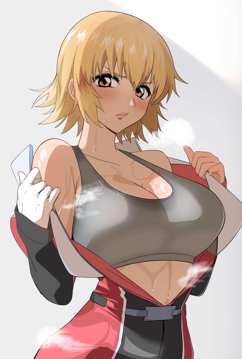 1girl, :/, absurdres, bare_shoulders, blonde_hair, bodysuit, breasts, brown_eyes