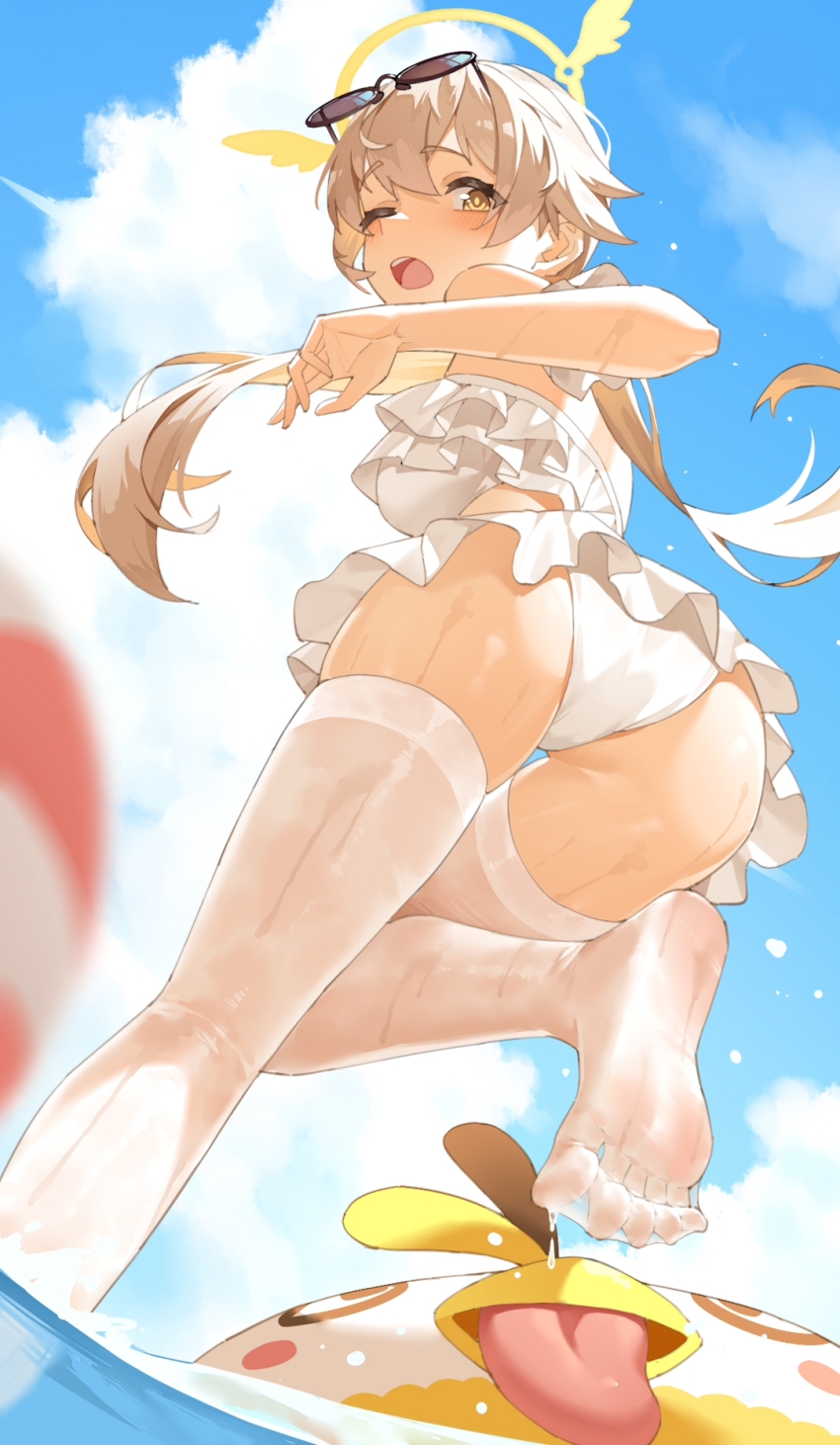 1girl, ass, bare_shoulders, barefoot, bikini, blonde_hair, blue_archive, blue_sky