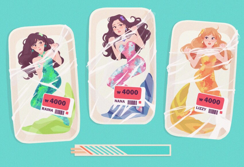 3girls, barcode, blonde_hair, blue_background, blush_stickers, brown_hair, chopsticks, commentary, earrings, english_commentary, full_body, hair_ornament, highres, jewelry, lizzy_(after_school), looking_to_the_side, merfolk, merfolk_out_of_environment, mermaid, monster_girl, multiple_boys, multiple_girls, nana_(after_school), necklace, orange_caramel, raina_(after_school), real_life, sparkle, verociraptorr