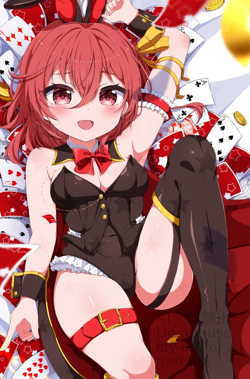 1girl, animal_ears, bow, bowtie, breasts, card, coin, detached_collar