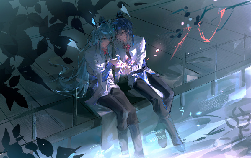 2boys, aqua_hair, black_boots, black_hat, black_pants, blue_hair, boots, character_request, check_character, chinese_commentary, closed_mouth, commentary_request, dongfang_xianyun, hat, highres, jacket, light_particles, long_hair, long_sleeves, male_focus, multiple_boys, night, outdoors, pants, sitting, smile, v-shaped_eyebrows, white_jacket, wo_jia_da_shixiong_naozi_you_keng, yfq, yin_feixing