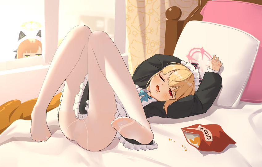 ._., 2girls, ;d, absurdres, animal_ear_headphones, animal_ears, apron, aqua_ribbon