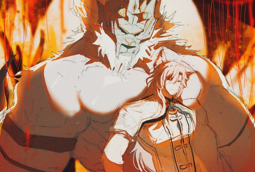 2boys, abs, animal_ears, bara, biceps, chinese_clothes, commentary, animal_nose