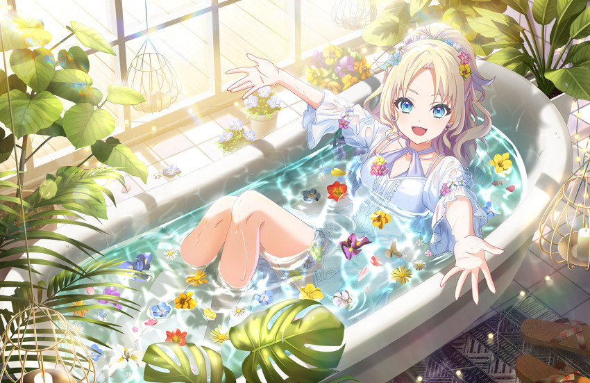 1girl, :d, \||/, bathtub, blonde_hair, blue_flower, blue_hair, blush