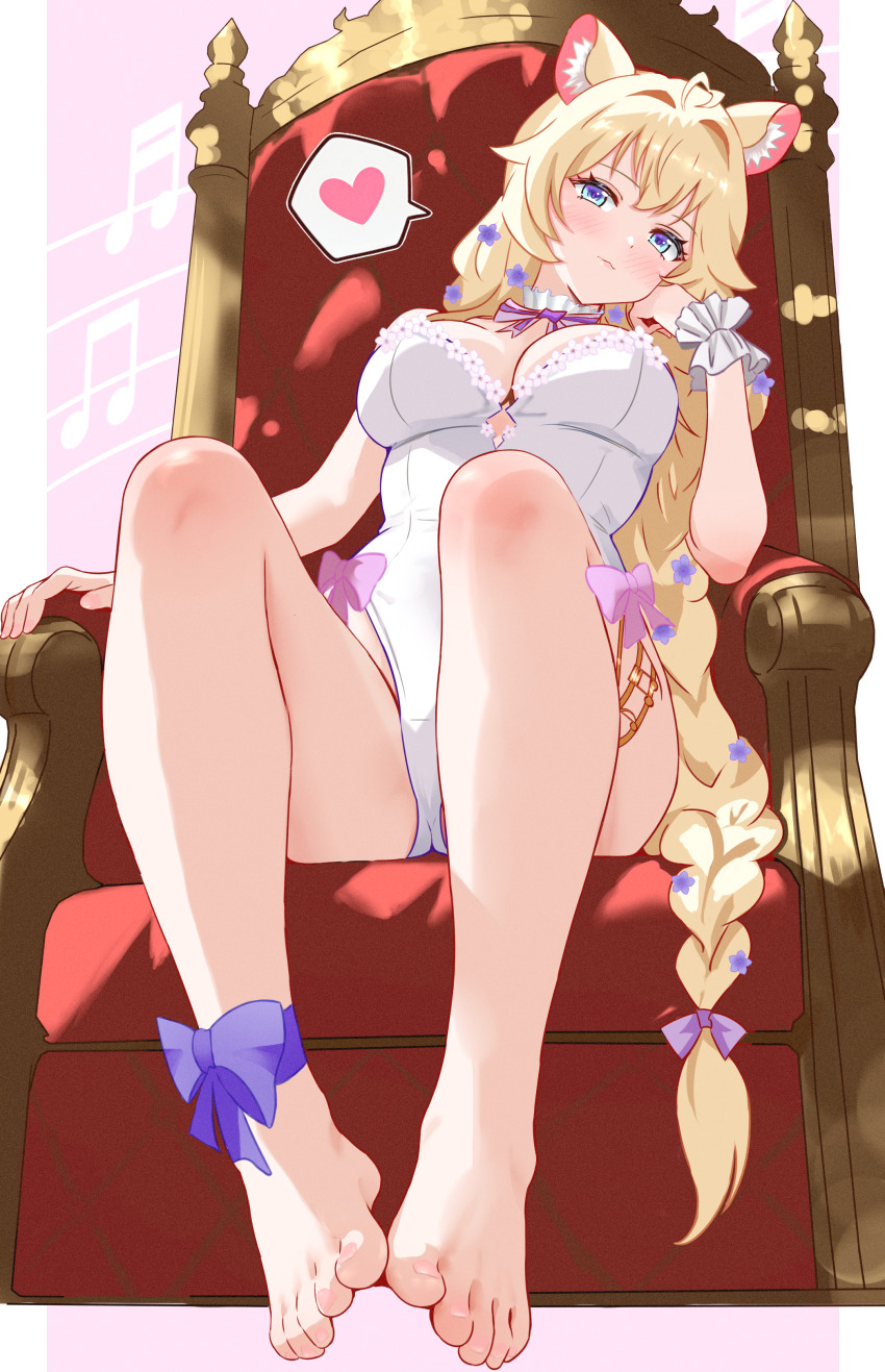 1girl, absurdres, animal_ears, barefoot, blonde_hair, blue_eyes, blush, braid, feet, highres, indie_virtual_youtuber, leotard, light_smile, long_hair, looking_at_viewer, on_throne, single_braid, sitting, sopralto, throne, toes, uroichi, virtual_youtuber