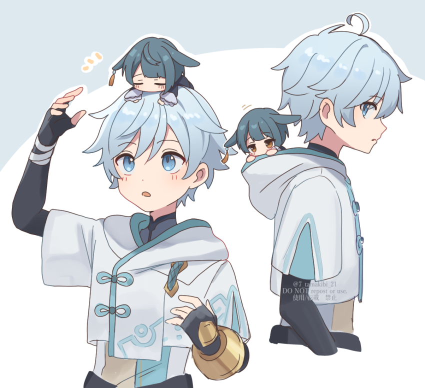 2boys, ahoge, animal_ears, black_gloves, blue_background, blue_eyes, blue_hair, chongyun_(genshin_impact)