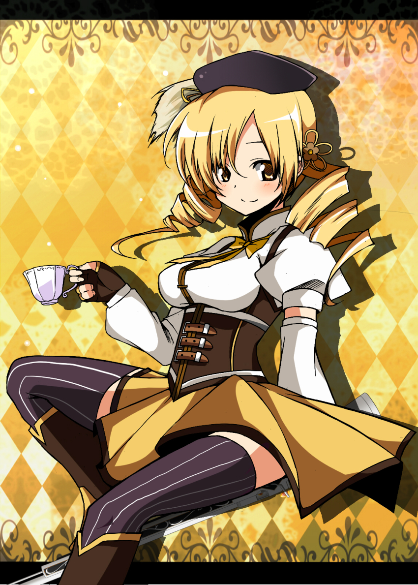 10s, 1girl, argyle_background, argyle_clothes, bad_id, bad_pixiv_id, beret, blonde_hair