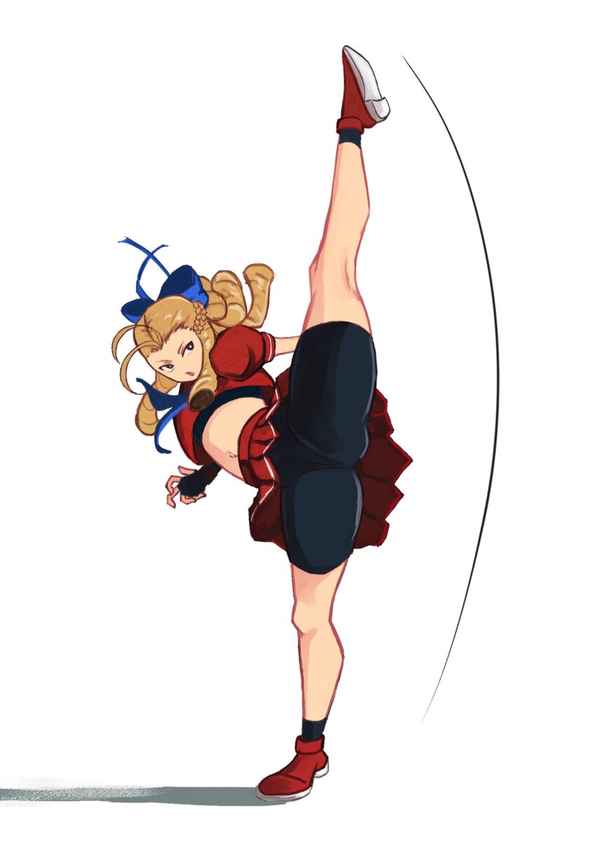 1girl, bike_shorts, black_socks, blonde_hair, blue_ribbon, capcom, crop_top, cropped_shirt