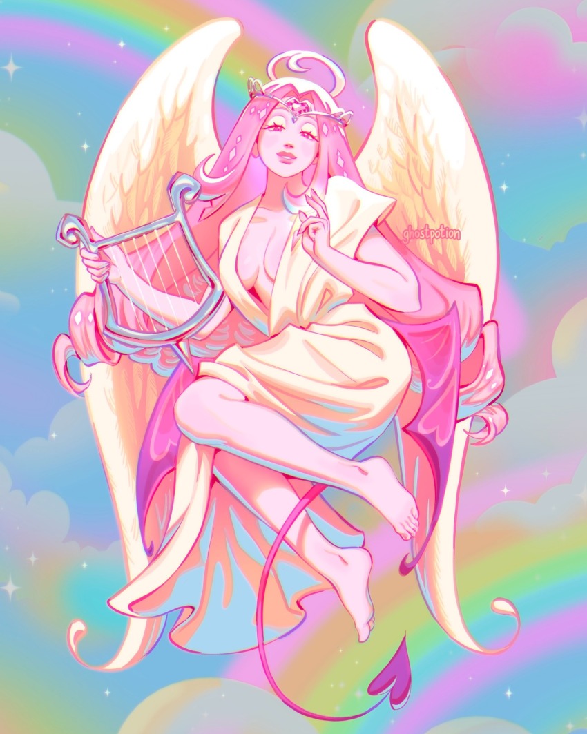 1girl, angel_wings, artist_name, barefoot, breasts, colored_skin, commentary, cookie_run