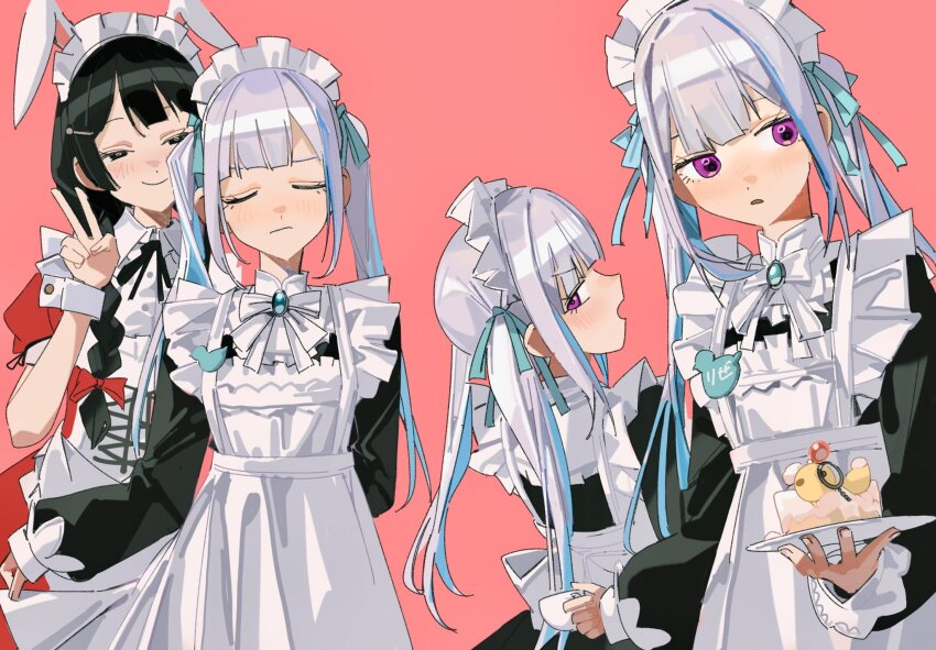 2girls, animal_ears, apron, black_hair, blue_hair, blue_ribbon, blunt_bangs, blush