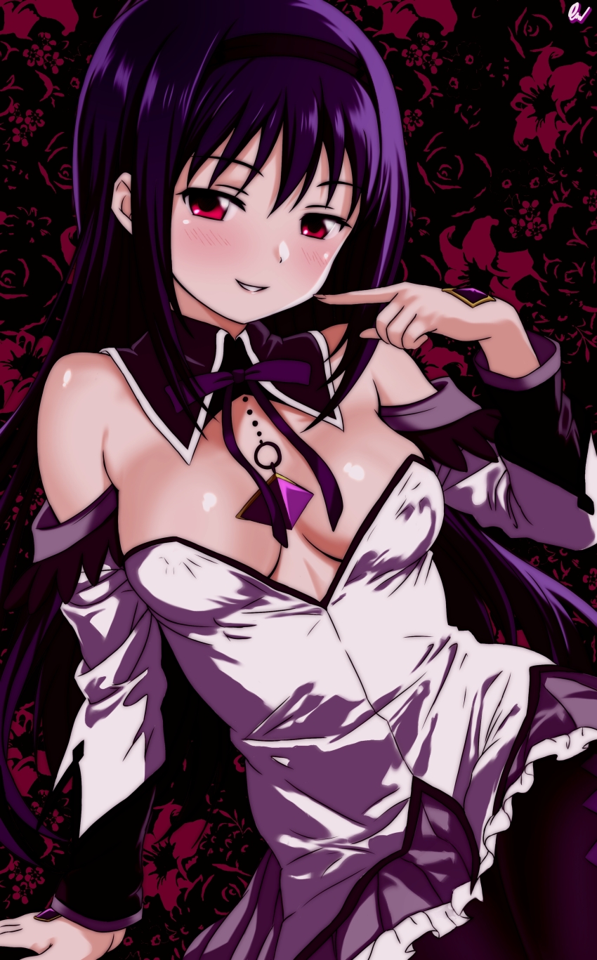 1girl, absurdres, akemi_homura, akemi_homura_(magical_girl), bare_shoulders, black_hairband, blush, breasts, detached_collar, dress, floral_background, grin, hairband, highres, leaning_to_the_side, mahou_shoujo_madoka_magica, mahou_shoujo_madoka_magica:_walpurgis_no_kaiten, mahou_shoujo_madoka_magica_(anime), medium_breasts, mgrenjoyer, neck_ribbon, pantyhose, parted_lips, pointing, pointing_at_self, purple_eyes, purple_hair, purple_pantyhose, ribbon, sitting, smile, solo, white_dress