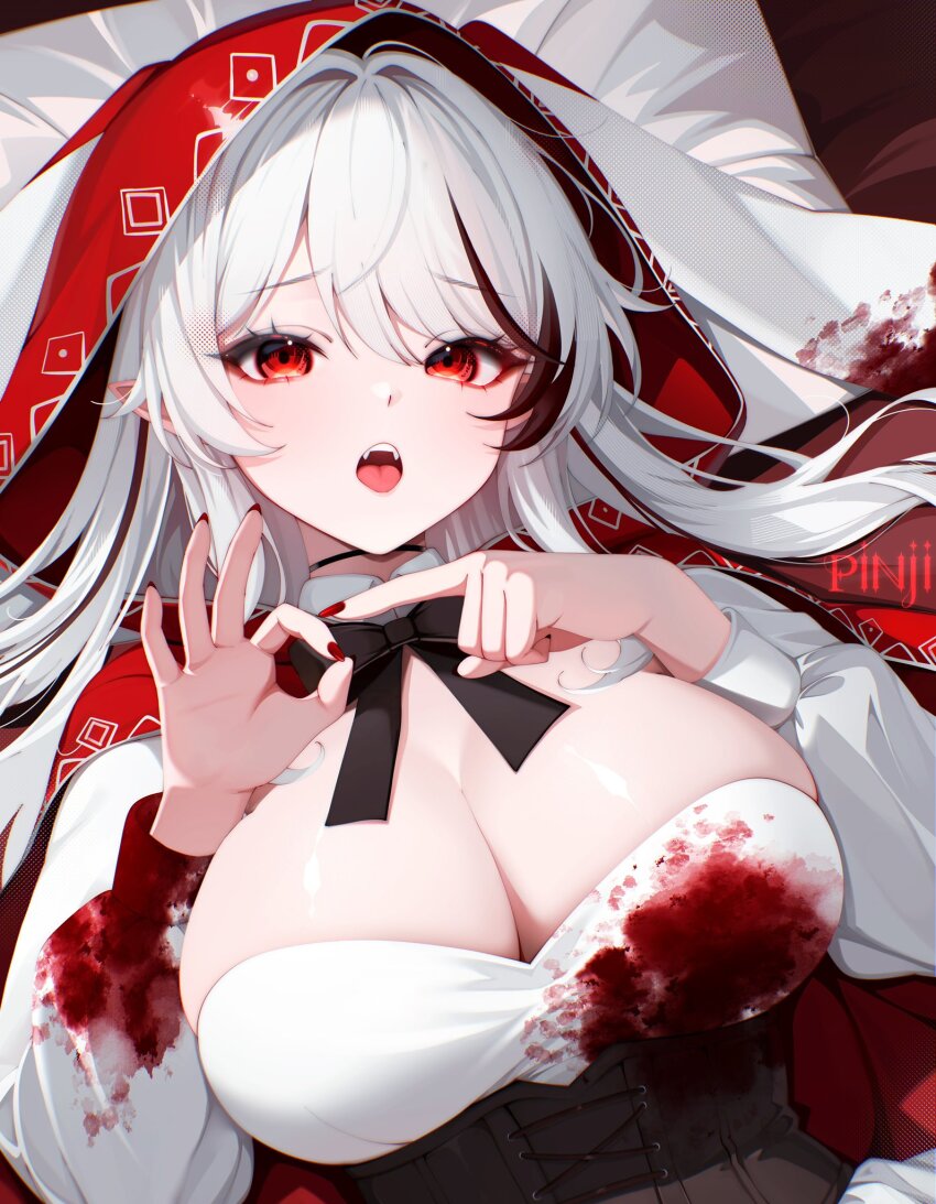 1girl, artist_name, black_corset, black_hair, black_ribbon, blood, blood_on_clothes, breasts