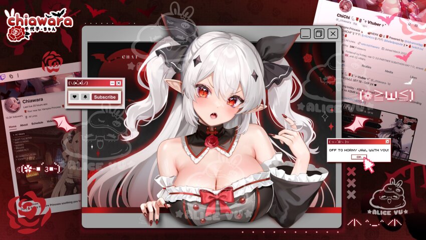 1girl, alice_vu, artist_logo, black_collar, black_dress, black_ribbon, black_sleeves, breasts