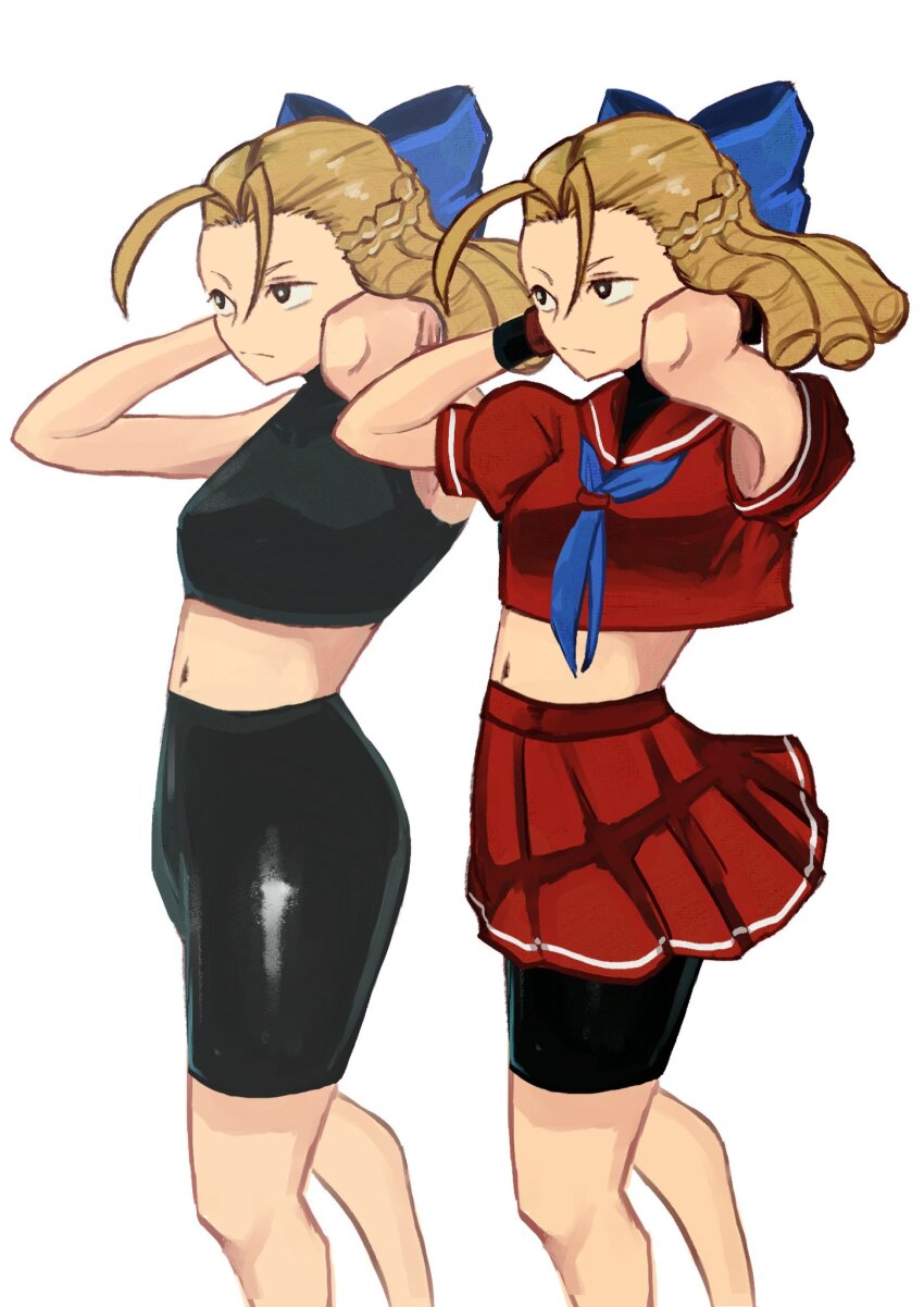 1girl, alternate_costume, bike_shorts, blonde_hair, blue_ribbon, capcom, crop_top, cropped_shirt