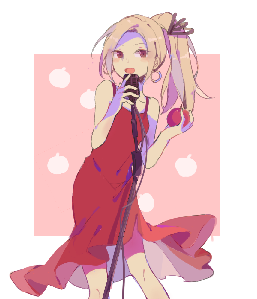 1girl, :d, apple, bare_shoulders, blonde_hair, blush, chinese_commentary, collarbone, commentary_request, covered_navel, dress, earrings, feet_out_of_frame, food, fruit, gravity_daze, holding, holding_food, holding_fruit, hoop_earrings, jewelry, kitten_(gravity_daze), medium_hair, microphone, microphone_stand, official_alternate_hairstyle, open_mouth, parted_bangs, red_dress, red_eyes, side_ponytail, sleeveless, sleeveless_dress, smile, solo, standing, ye_(pixiv4862539)