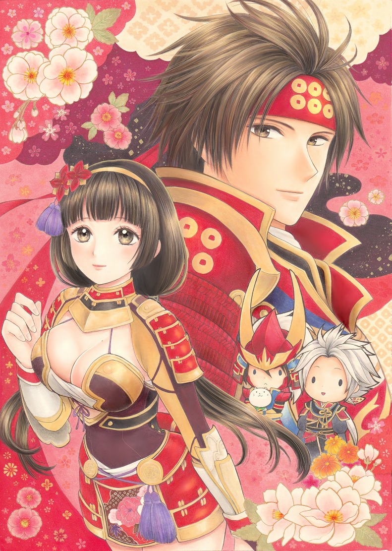 armor, black_hair, blunt_bangs, breasts, brown_eyes, chibi, cleavage, flower