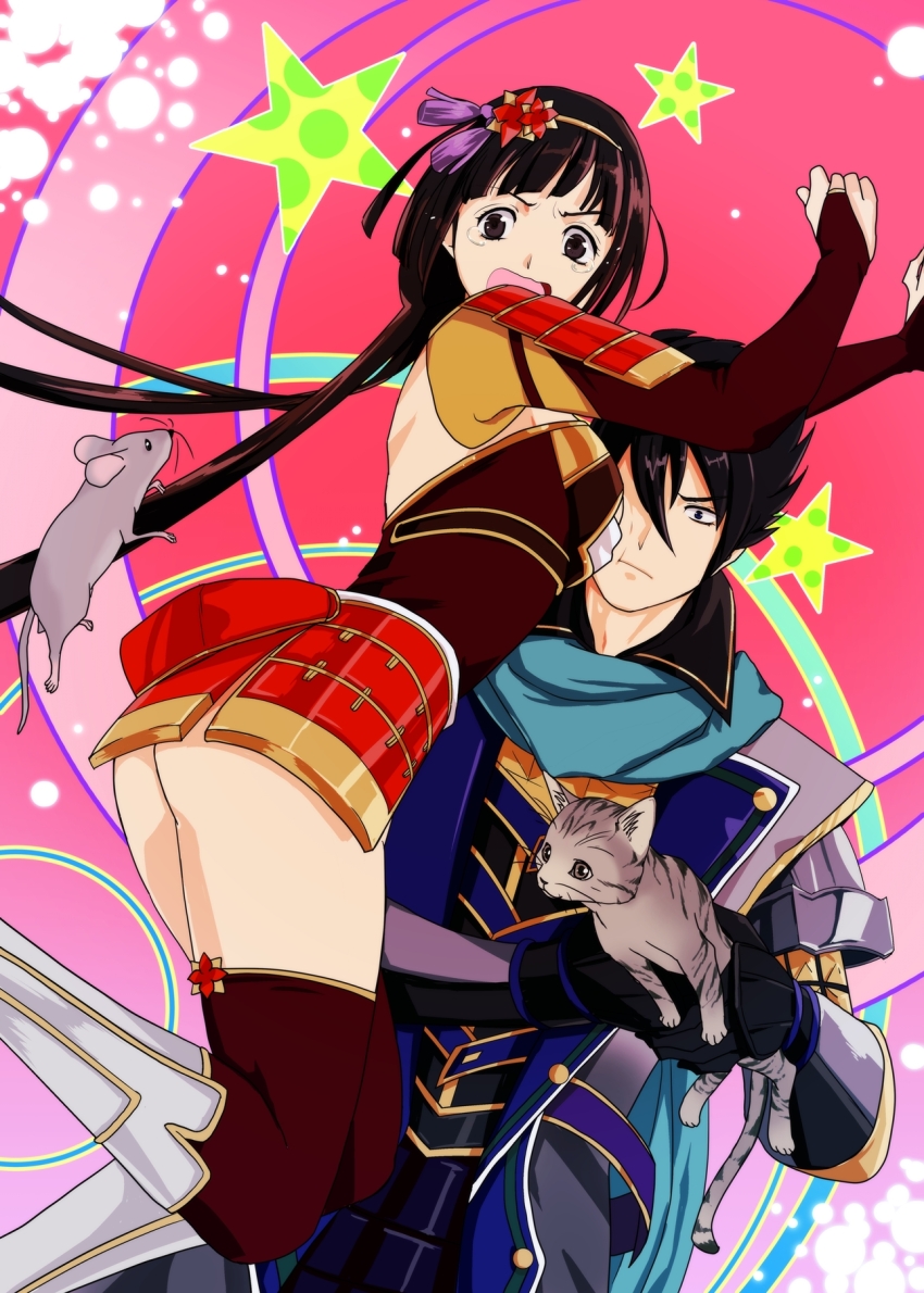 animal, armor, between_breasts, black_hair, boots, breasts, brown_eyes, cat