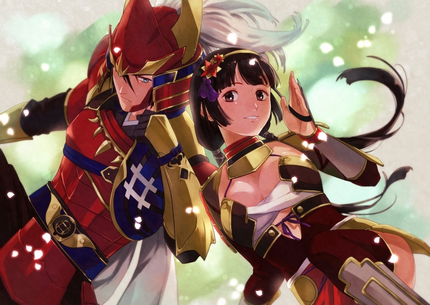arm_up, armor, black_hair, blush, boots, breasts, brown_eyes, cleavage, helmet, ii_naomasa_(sengoku_musou), ii_naotora_(sengoku_musou), large_breasts, long_hair, petals, red_thighhighs, sengoku_musou, smile, thighhighs, thighs, twintails