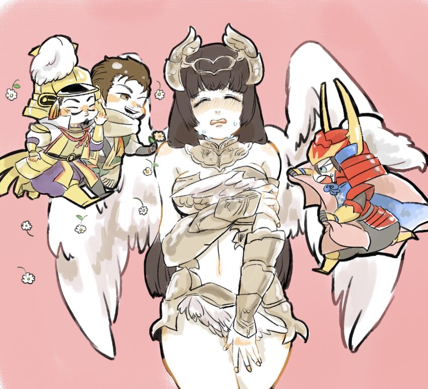 angel, angel_wings, armor, black_hair, boots, breasts, brown_eyes, chibi