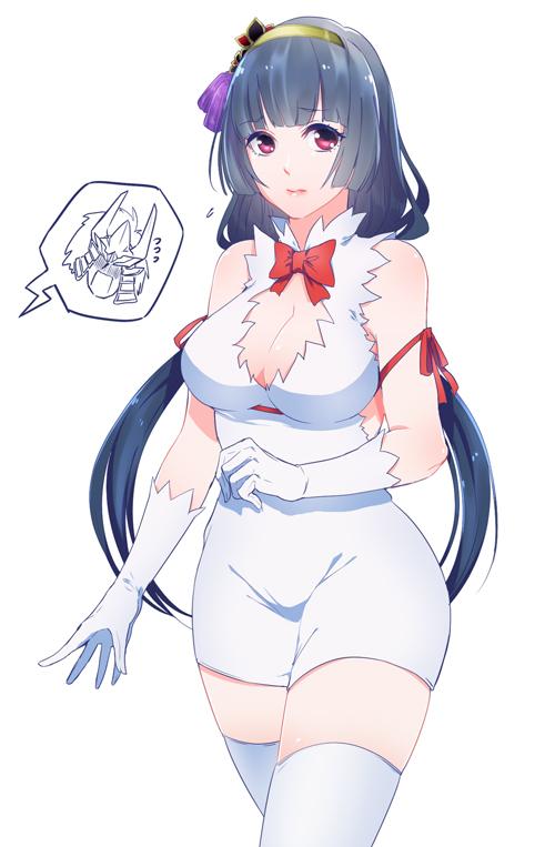 black_hair, boots, breasts, brown_eyes, cleavage, cleavage_cutout, clothing_cutout, dress, gloves, ii_naomasa_(sengoku_musou), ii_naotora_(sengoku_musou), large_breasts, long_hair, red_ribbon, ribbon, sengoku_musou, source_request, thighhighs, thighs, twintails, white_dress, white_gloves, white_thighhighs