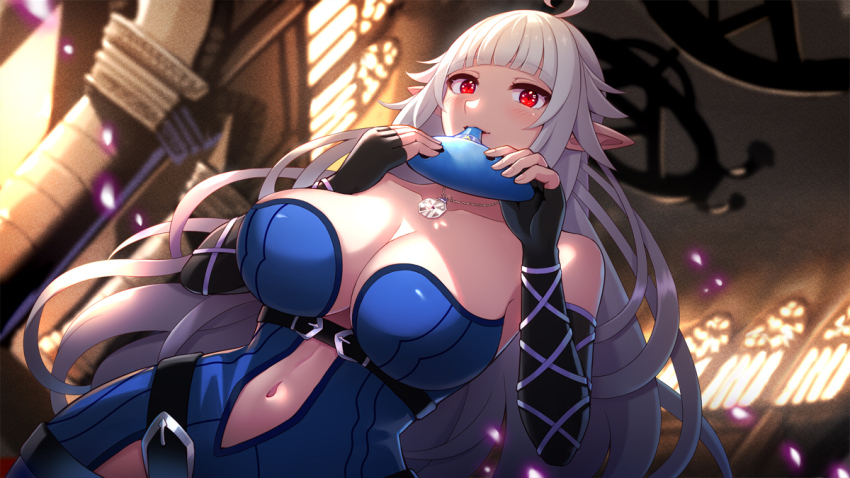 1girl, 60mai, ahoge, belt, black_belt, black_gloves, blue_dress, blurry