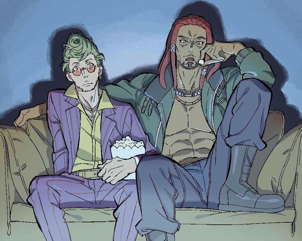 2boys, abs, akudama_drive, bare_pectorals, beard_stubble, black_boots, boots, brawler_(akudama_drive)