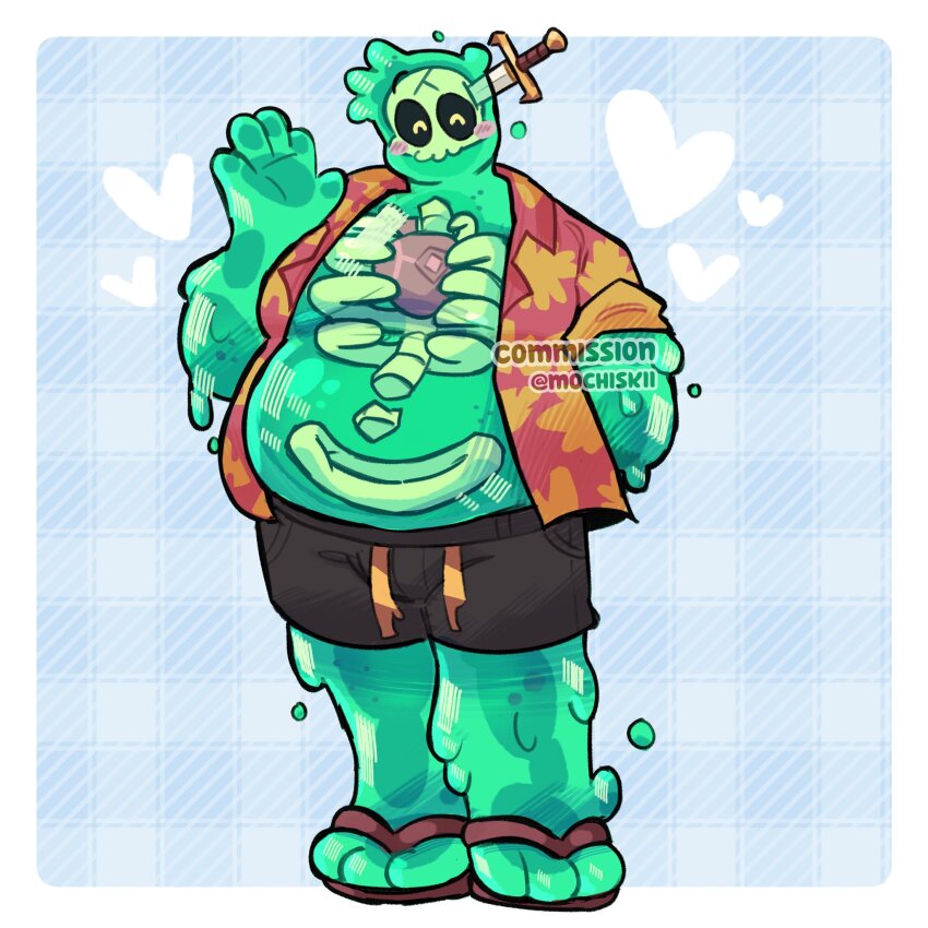 1boy, arm_behind_back, artist_name, bara, belly, black_shorts, blush, commentary, commission, dagger, doug_(monster_prom), english_commentary, fat, fat_man, flip-flops, heart, highres, knife, male_focus, mochiskii, monster_prom, open_clothes, open_shirt, planted, planted_knife, planted_weapon, ribs, sandals, shorts, skull, skull_head, slime_(creature), twitter_username, waving, weapon