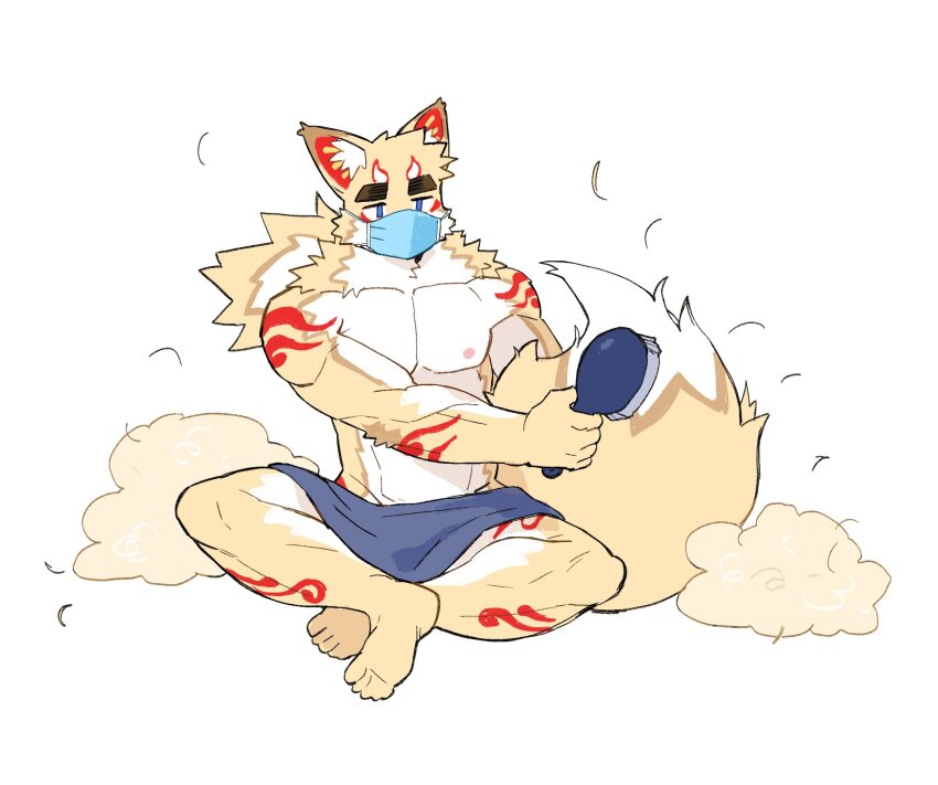 1boy, abs, animal_ears, bara, barefoot, brushing_tail, commentary_request, fox_boy