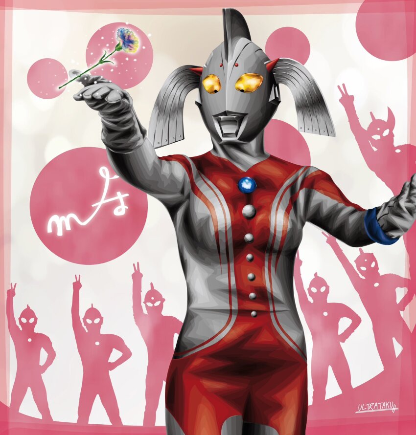 1girl, 6+boys, alien, arm_up, artist_name, buttons, carnation, color_timer