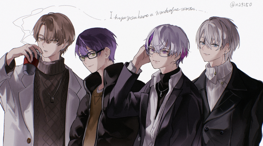4boys, absurdres, black-framed_eyewear, black_jacket, black_shirt, blazer, blue_eyes, brown_eyes, brown_hair, brown_sweater, closed_mouth, cup, earrings, fuwa_minato, glasses, green_eyes, grey_hair, grey_shirt, highres, holding, holding_cup, jacket, jewelry, kagami_hayato, kaida_haru, kenmochi_touya, looking_at_viewer, male_focus, multicolored_hair, multiple_boys, necklace, nijisanji, parted_lips, purple_hair, shirt, short_hair, steam, streaked_hair, sumi_(n29250), sweater, twitter_username, two-tone_hair, virtual_youtuber, white_background, white_jacket