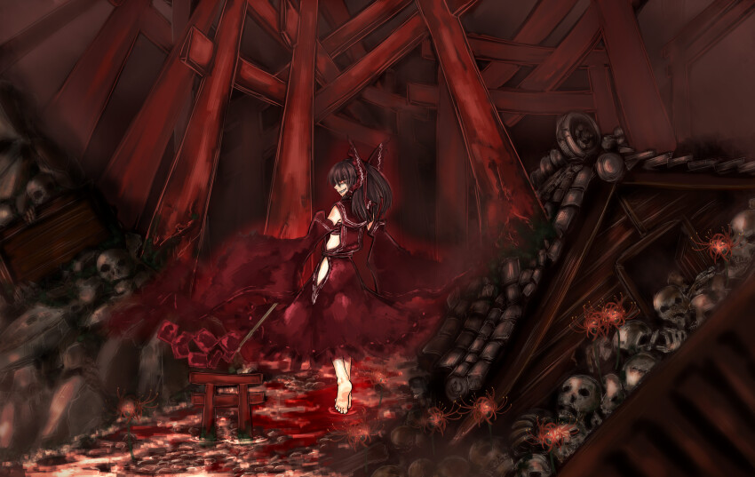 1girl, absurdres, alternate_color, ascot, barefoot, blood, bone, bow