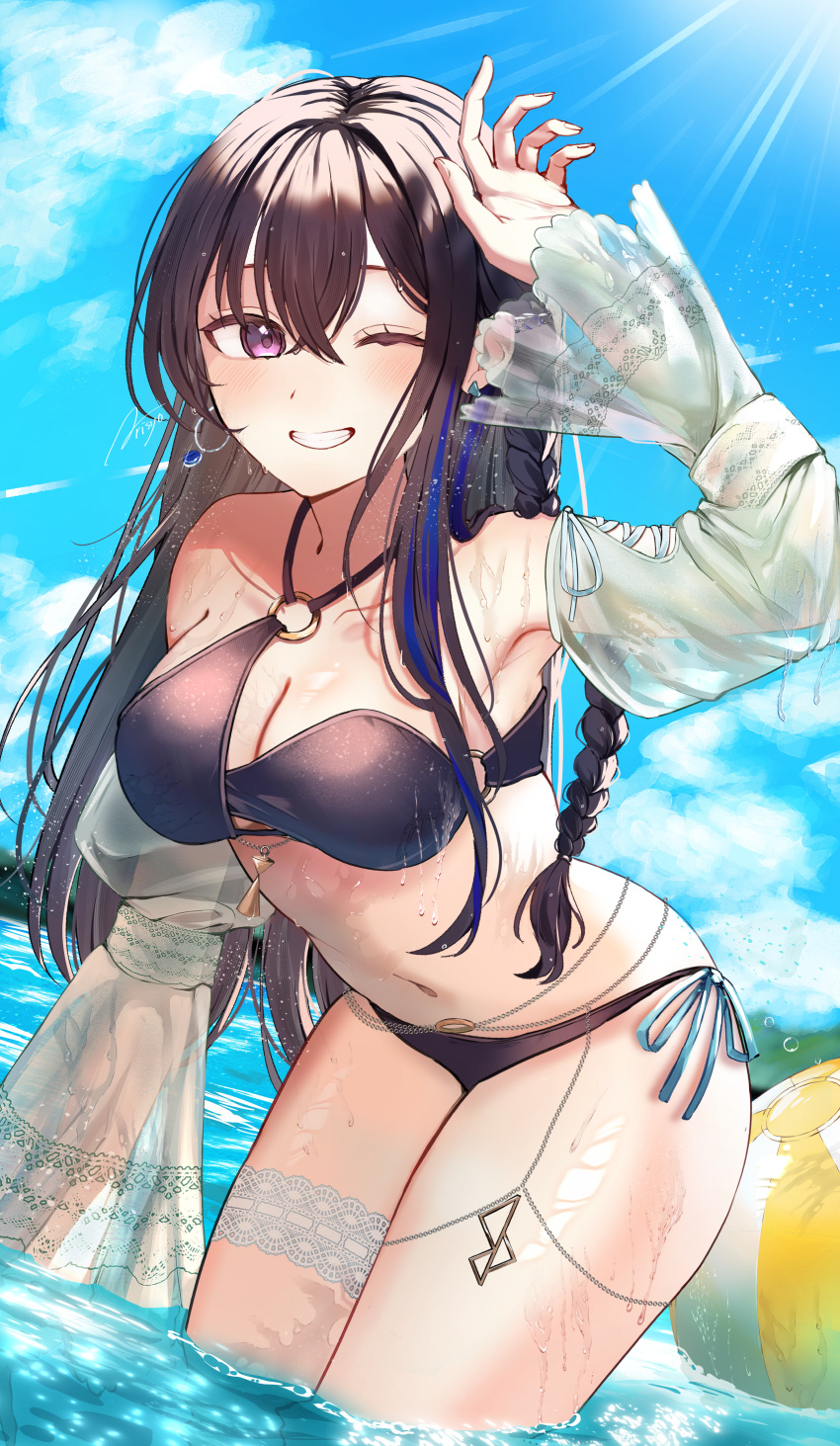 1girl, absurdres, arisyooon, armpits, ball, beachball, bikini, black_bikini