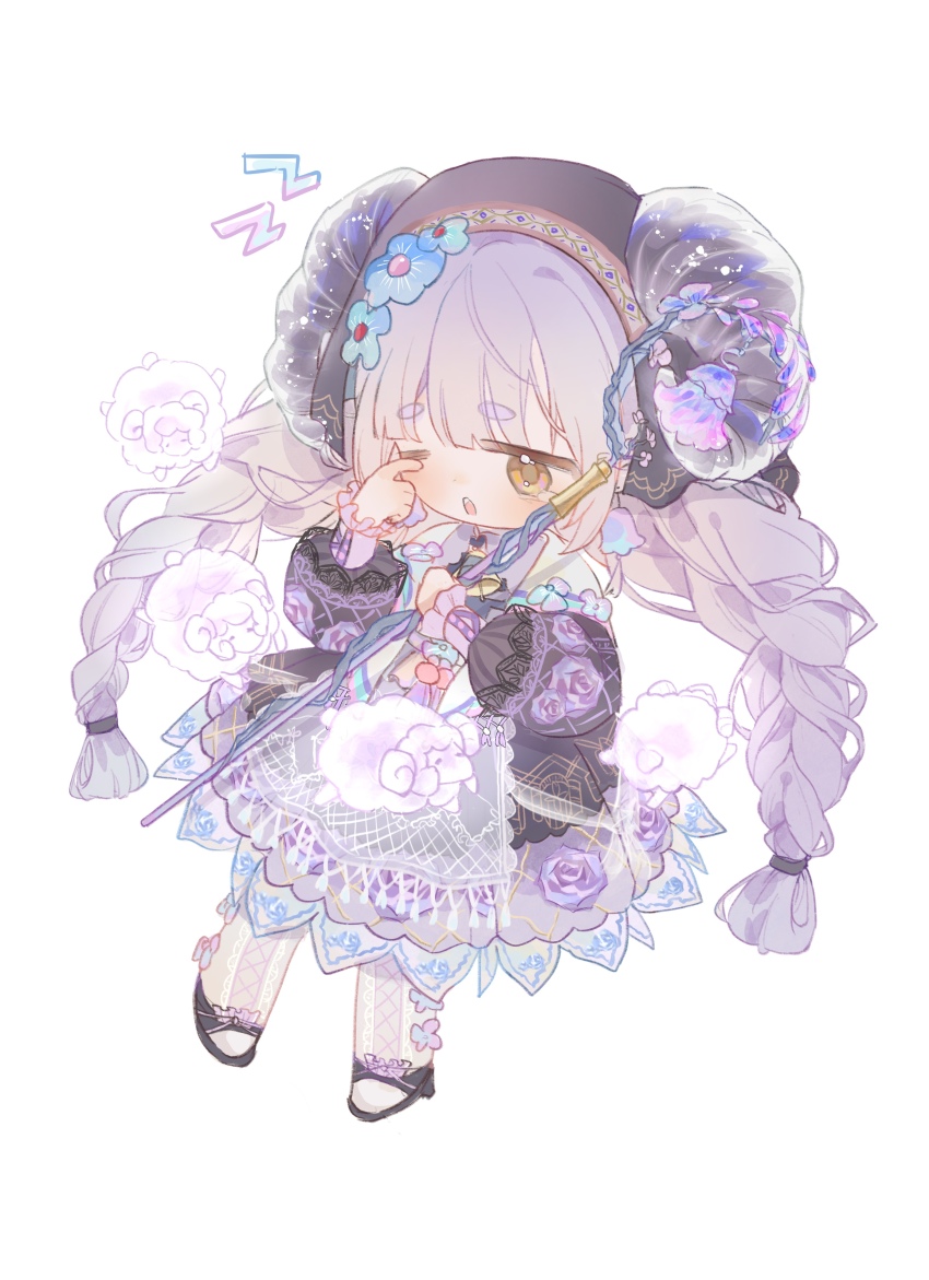 1girl, absurdres, apron, azi_butaizi, black_headscarf, black_jacket, black_shoes, blue_flower