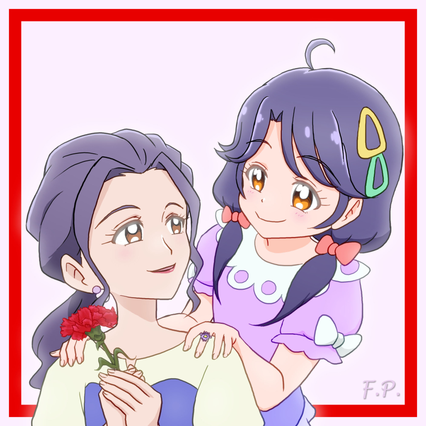 2girls, ahoge, blouse, blue_shirt, blush, border, bow, brown_eyes